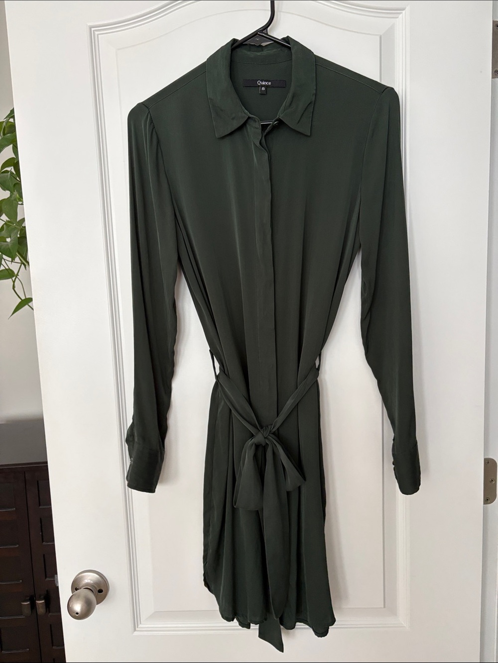 QUINCE forest green silk shirt dress - Picture 2 of 11